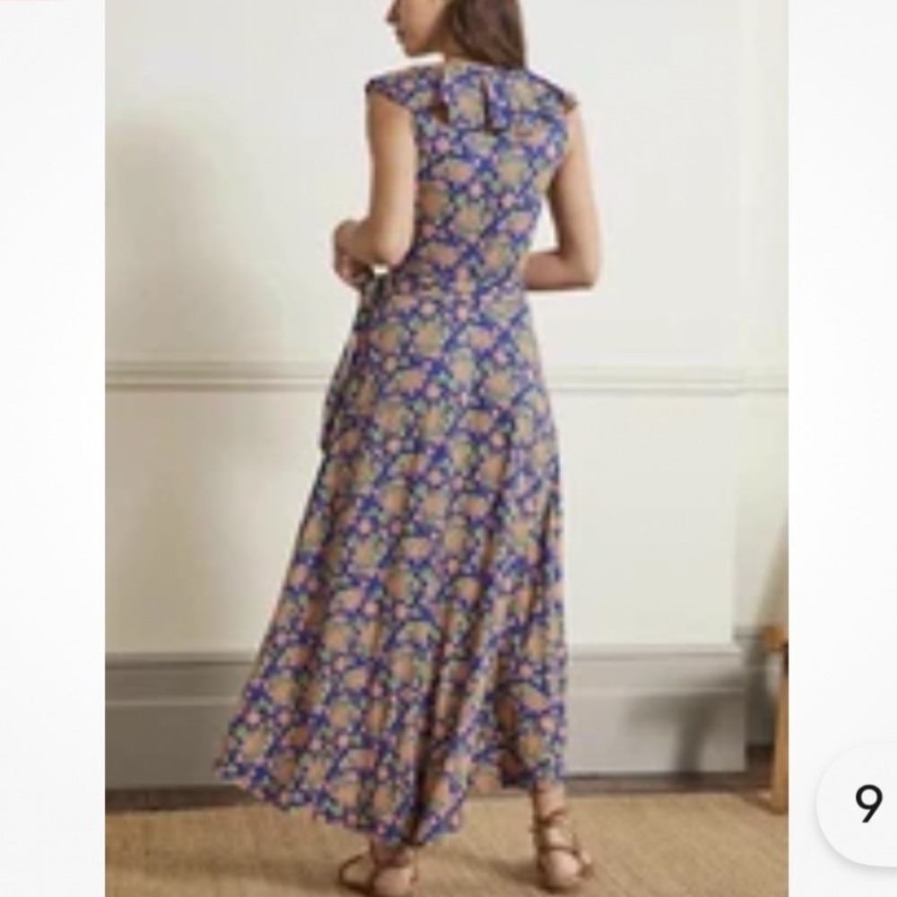 Boden Saskia Wrap Midi Dress Womens 2 Blue Medallion Floral Midi Ruffle Jersey - Picture 2 of 9